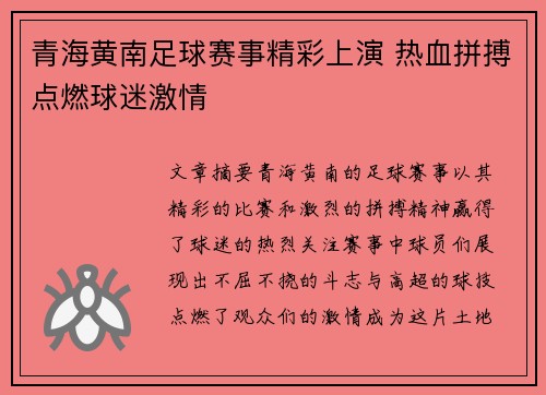 青海黄南足球赛事精彩上演 热血拼搏点燃球迷激情