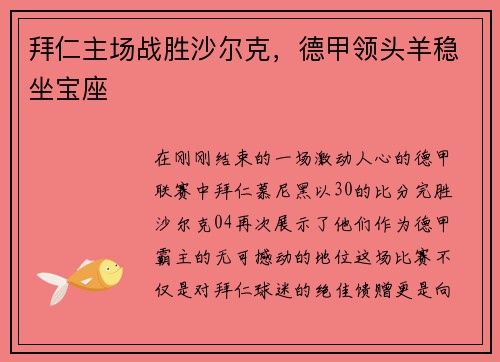 拜仁主场战胜沙尔克，德甲领头羊稳坐宝座