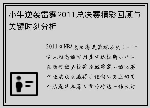 小牛逆袭雷霆2011总决赛精彩回顾与关键时刻分析