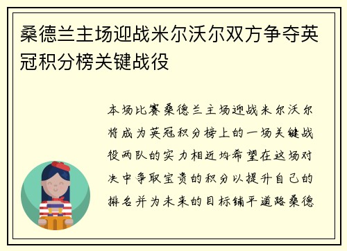 桑德兰主场迎战米尔沃尔双方争夺英冠积分榜关键战役