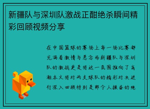 新疆队与深圳队激战正酣绝杀瞬间精彩回顾视频分享