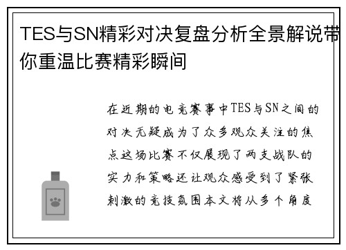 TES与SN精彩对决复盘分析全景解说带你重温比赛精彩瞬间