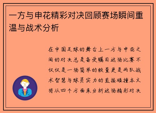 一方与申花精彩对决回顾赛场瞬间重温与战术分析