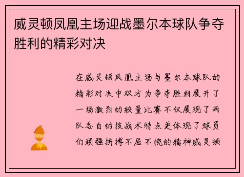 威灵顿凤凰主场迎战墨尔本球队争夺胜利的精彩对决