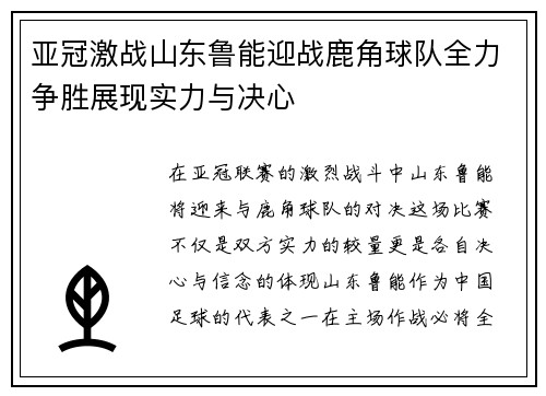 亚冠激战山东鲁能迎战鹿角球队全力争胜展现实力与决心
