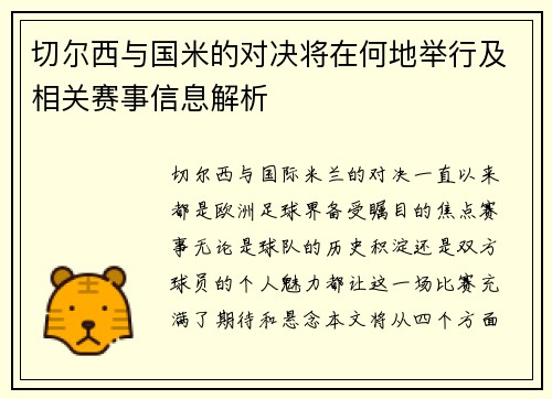 切尔西与国米的对决将在何地举行及相关赛事信息解析
