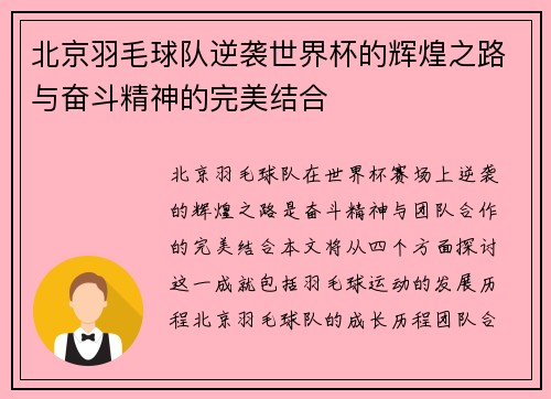 北京羽毛球队逆袭世界杯的辉煌之路与奋斗精神的完美结合